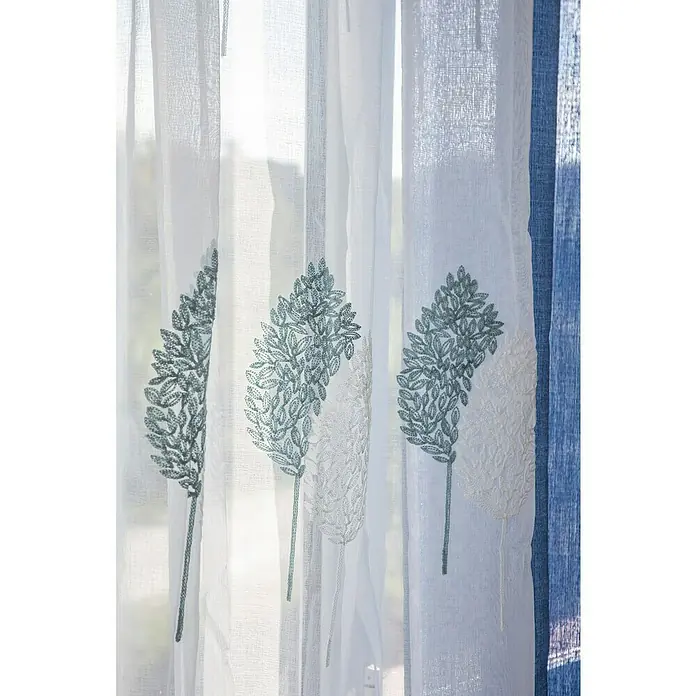 Visillo para ventana Hoja Bordada - An x Al: 140 x 250 cm, 100% poliéster, Blanco/Azul - Estas cortinas con delicados bordados de árboles añaden un toque aireado y elegante a cualquier habitación. Ideal para salones y dormitorios.