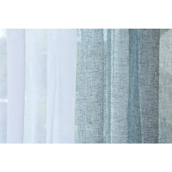 Cortina con ollaos Linum - An x Al: 280 x 300 cm, Gris - Primer plano de elegantes cortinas de múltiples capas que combinan blanco translúcido con gris texturizado, para un moderno adorno de ventana.