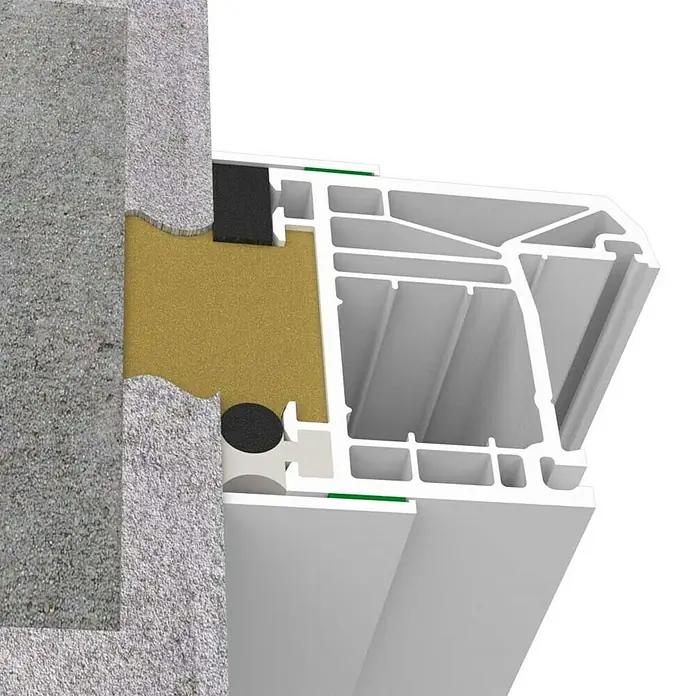 Solid Elements Flachleiste mit Dichtlippe - 2.500 x 50 x 2 mm, Weiß - Detailaufnahme eines Fensterrahmens im Querschnitt, der die Konstruktion und die Isolierung des Fensters zeigt.