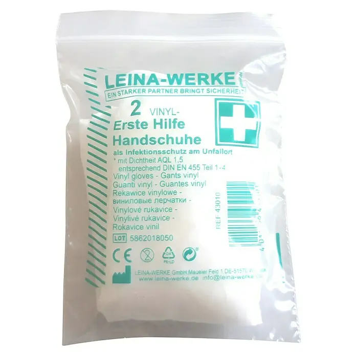 Leina-Werke Erste-Hilfe-Handschuhe - 2 Stk., Vinyl, DIN EN 455 - Eingepackte LEINA-WERKE Vinyl-Einmalhandschuhe für die Erste Hilfe als Infektionsschutz am Unfallort.