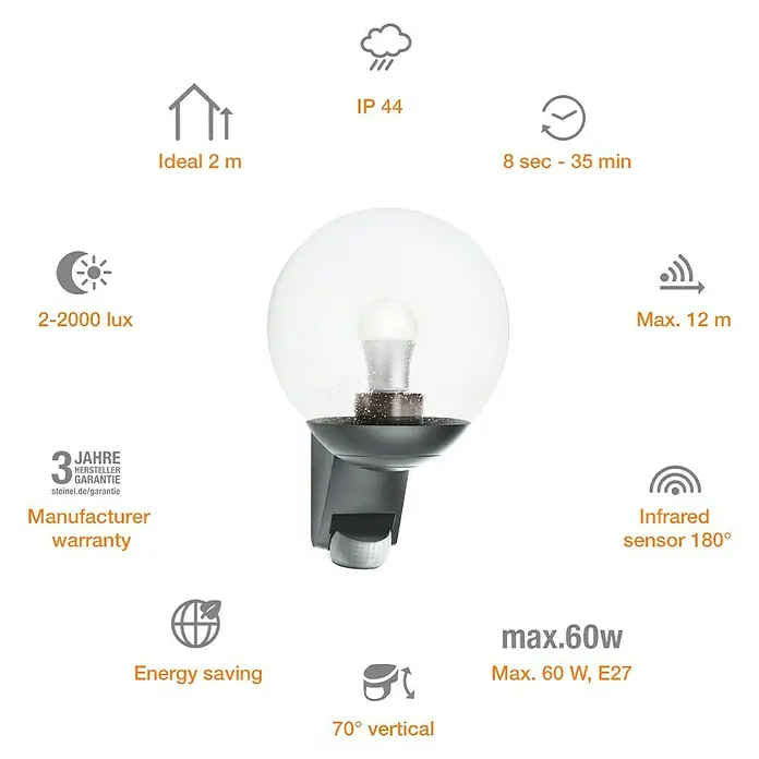 Steinel Sensor-Außenleuchte L 585 S anthrazit - 60 W, 22,8 x 21,5 x 30,7 cm, Anthrazit, IP44 - Das Bild zeigt eine Außenleuchte mit Bewegungsmelder und einer transparenten Kugel, die für eine maximale Leistung von 60W geeignet ist.