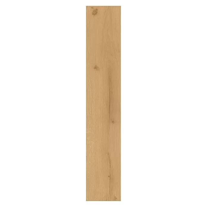 Parador Vinylboden Basic 30 - Eiche Infinity Natur, Landhausdiele, 1.207 x 216 x 9,4 mm - Helles braunes Holzpaneel mit natürlicher Maserung, Ästen und einem vertikalen Riss.