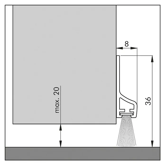 Solid Elements Türbodendichtung - 930 mm, Mit Bürste, Passend für: Haus- und Nebeneingangstüren - Abbildung einer Türdichtung mit Maßen. Die Dichtung ist 36 mm hoch und 8 mm tief. Der maximale Abstand zum Boden beträgt 20 mm.