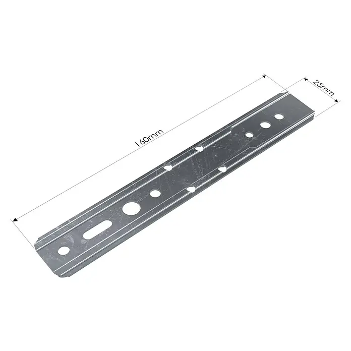 Solid Elements Montageanker Universal - 6 Stk., Passend für: Fenster- und Türmontage - Abgebildet ist ein Metallelement mit Löchern und den Maßen 160 mm Länge und 25 mm Breite, das möglicherweise als Montagevorrichtung dient.