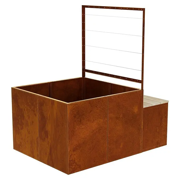 Palatino Hochbeet Clarinette mit Sitzplatz - 140 x 100 x 183 cm, Cortenstahl, Rostbraun - Viereckiger Pflanzkasten aus Cortenstahl mit Rankgitter, ideal für Garten oder Terrasse, wetterfest und langlebig.