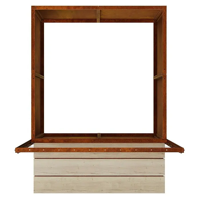 Palatino Hochbeet Clarinette mit Sitzplatz - 140 x 100 x 183 cm, Cortenstahl, Rostbraun - Das Bild zeigt einen eckigen Blumenkasten mit einem dekorativen Holzrahmen und einer rustikalen Optik. Perfekt für den Garten oder die Terrasse.