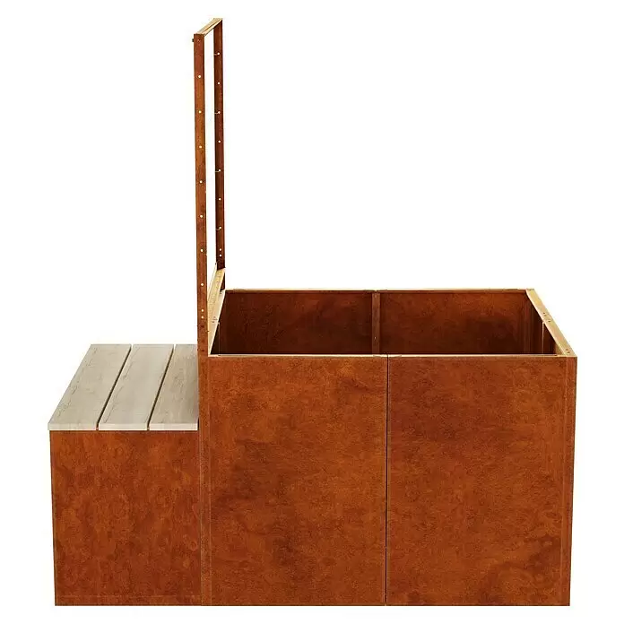 Palatino Hochbeet Clarinette mit Sitzplatz - 140 x 100 x 183 cm, Cortenstahl, Rostbraun - Pflanzgefäß in Cortenstahl-Optik mit integrierter heller Holzbank.