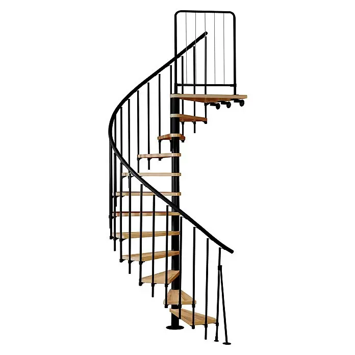 Atrium Spindeltreppe Novo - Farbton Metall: RAL 9005, Durchmesser: 140 cm, Eiche, Geschosshöhe: 271,4 cm - 313,5 cm - Wendeltreppe aus schwarzem Metall mit hellen Holzstufen und Handlauf.