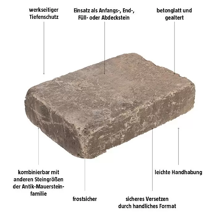 EHL Mauerstein Times Antik M - 30 x 20 x 7 cm, Muschelkalk, Beton - Grauer, gealterter Betonpflasterstein für vielseitigen Landschaftsbau, frostsicher und handlich.
