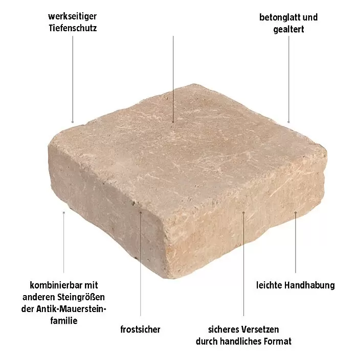 EHL Mauerstein Times Antik S - 20 x 20 x 7 cm, Sandstein, Beton - Gealterter, hellbrauner Betonpflasterstein mit rechteckiger Form und unregelmäßiger, texturierter Oberfläche.
