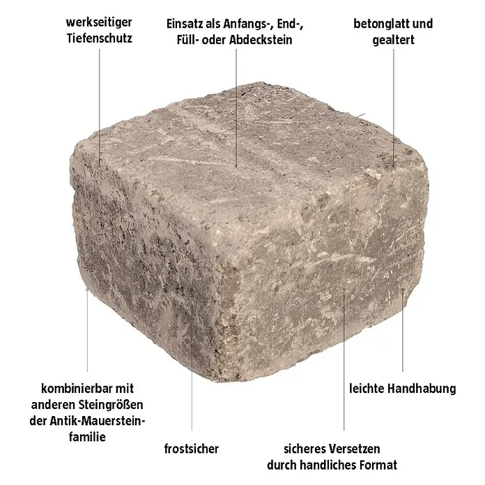 EHL Mauerstein Times Antik L - 20 x 20 x 14 cm, Anthrazit, Beton - Ein einzelner, quadratischer, grauer Antik-Mauerstein, der werkseitigen Tiefenschutz bietet, vielseitig einsetzbar, betonglatt und gealtert ist.