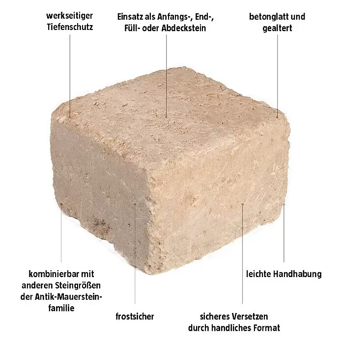 EHL Mauerstein Times Antik L - 20 x 20 x 14 cm, Sandstein, Beton - Hellbrauner, gealterter Betonmauerstein für den Mauerbau.