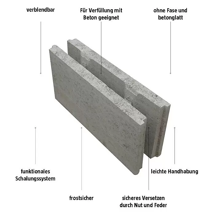 EHL Schalungsstein - 50 x 11 x 25 cm - Hellgraue Beton-Schalungssteine, funktional, frostsicher, mit Nut und Feder für sichere Betonfüllung.