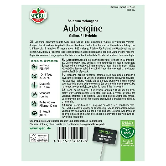 Sperli Gemüsesamen Auberginen - Solanum melongena, Saatzeit: Februar, Erntezeit: Juli - SPERLI Aubergine 'Galine' Saatgutpackung. Ideal für den Anbau im Freien und Gewächshaus, ertragreiche und wohlschmeckende Früchte.