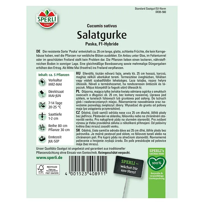 Sperli Gemüsesamen Salatgurken Paska - Cucumis sativus, Saatzeit: März, Erntezeit: Juli - SPERLI Saatgutpackung für 'Paska' Salatgurken, eine F1-Hybride für den Anbau von glatten, kernlosen Gurken.