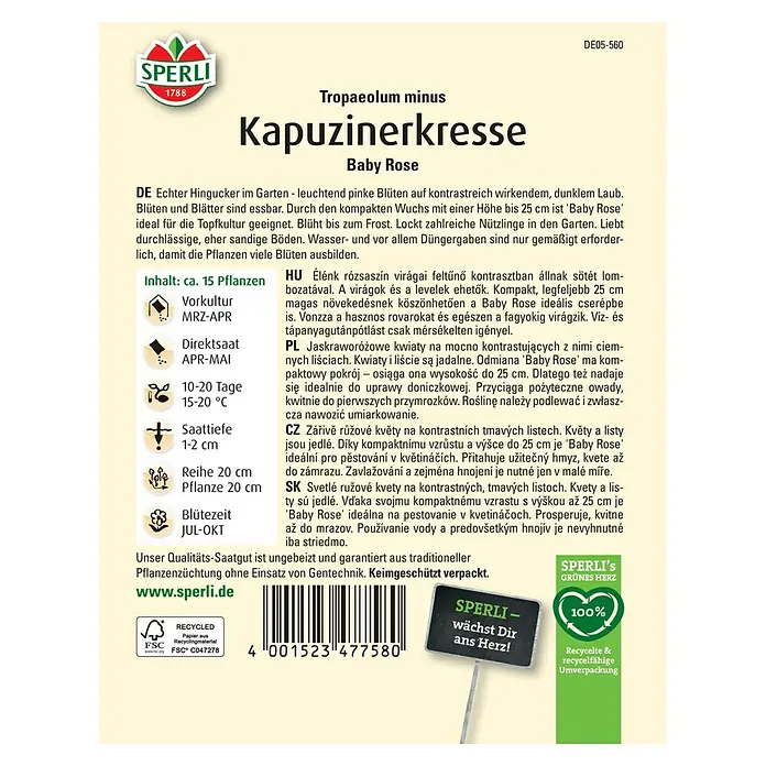 Sperli Kräutersamen Kapuzinerkresse - Tropaeolum minus, Saatzeit: März, Blütezeit: Juli - SPERLI Kapuzinerkresse 'Baby Rose' Samenpackung. Für farbenfrohe Gärten und Balkone mit leuchtend pinken Blüten und dunklem Laub.