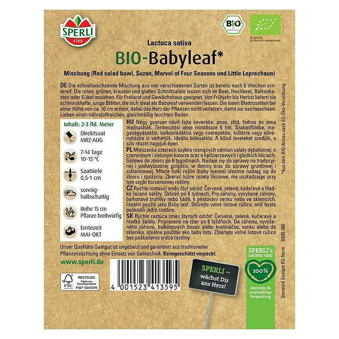 Sperli Salatsamen BIO Babyleafsalat - Lactuca sativa, Erntezeit: Mai, 0,4 g - SPERLI BIO-Babyleaf Saatgutpackung mit Informationen zu Anbau und Ernte.