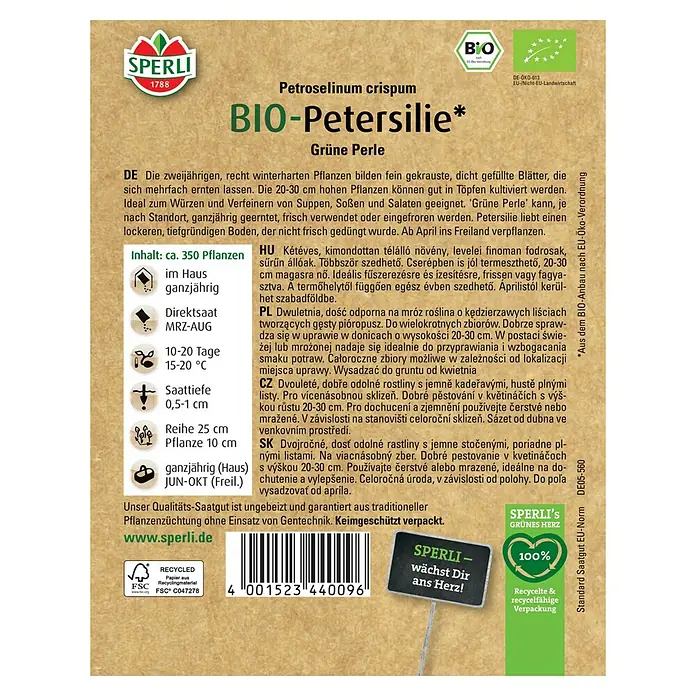 Sperli Kräutersamen BIO Petersilie - Petroselinum crispum, Saatzeit: Ganzjährig, Erntezeit: Juni - Abbildung der Bio-Petersilie "Grüne Perle" von Sperli, einer zweijährigen, winterharten Pflanze für den ganzjährigen Anbau.