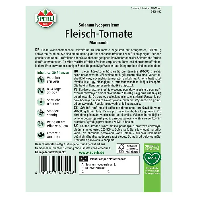 Sperli Gemüsesamen Fleischtomaten - Solanum lycopersicum, Saatzeit: Februar, Erntezeit: August - Bild einer Samenpackung für "Fleisch-Tomate Marmande" von Sperli.