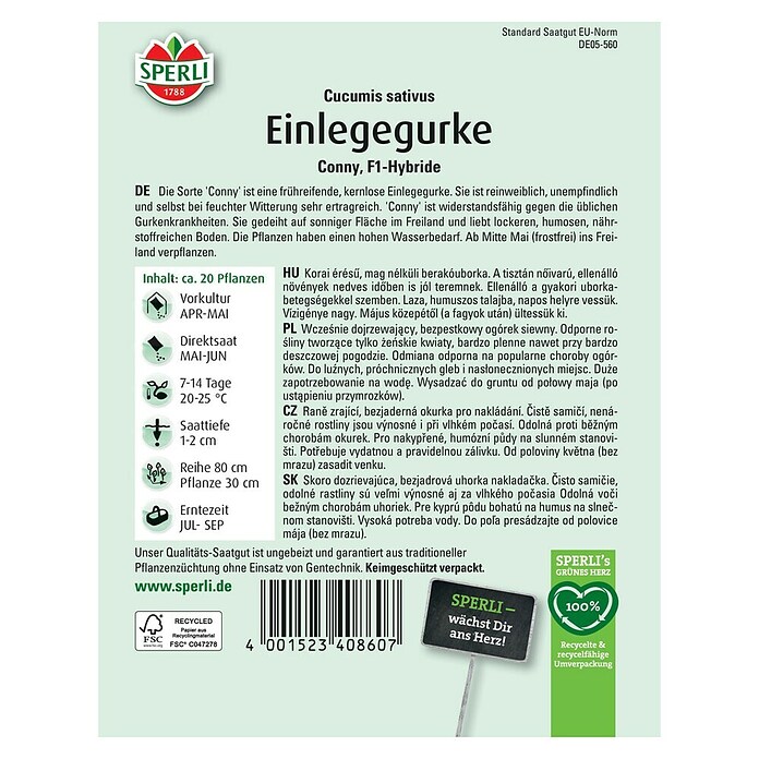 Sperli Gemüsesamen Einlegegurken Conny (Cucumis sativus, Saatzeit: April, Erntezeit: Juli) | BAUHAUS