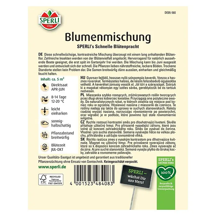 Sperli Blumensamenmischung Blumen-Mischung - Mischung, Mehrfarbig, 5 m² - Samenpackung Sperli Blumenmischung für eine bunte, lang anhaltende Blütenpracht im Garten.