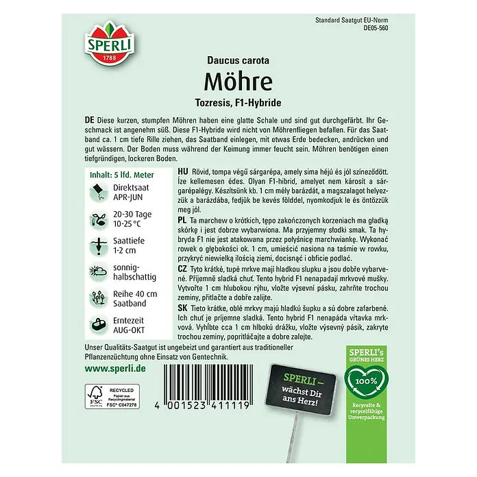 Sperli Gemüsesamen Möhren - Daucus carota, Saatzeit: April, Erntezeit: August - Samenpackung 'Möhre Tozresis, F1-Hybride' von Sperli.