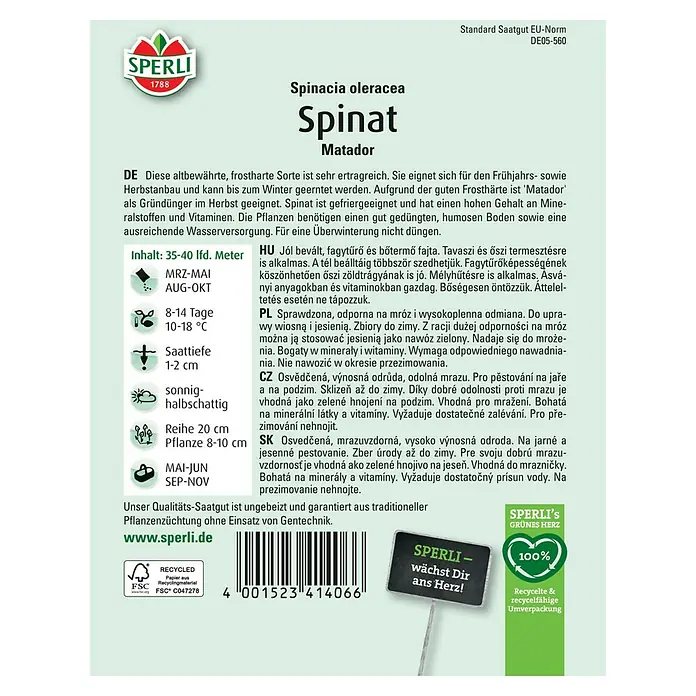 Sperli Gemüsesamen Spinat Matador - Spinacia oleracea, Saatzeit: März, Erntezeit: Mai - SPERLI Spinat 'Matador' Saatgutpackung. Frostharte Sorte für Frühjahrs- und Herbstanbau, reich an Mineralstoffen und Vitaminen.