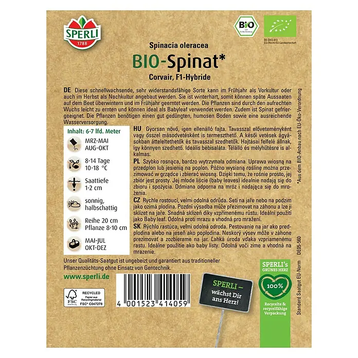 Sperli Gemüsesamen BIO Spinat - Spinacia oleracea, Saatzeit: März, Erntezeit: Mai - SPERLI Bio-Spinat Corvair F1-Hybride: Schnellwachsender, widerstandsfähiger Spinat für Frühjahr/Herbst. Ideal als Babyleaf, gefriergeeignet.