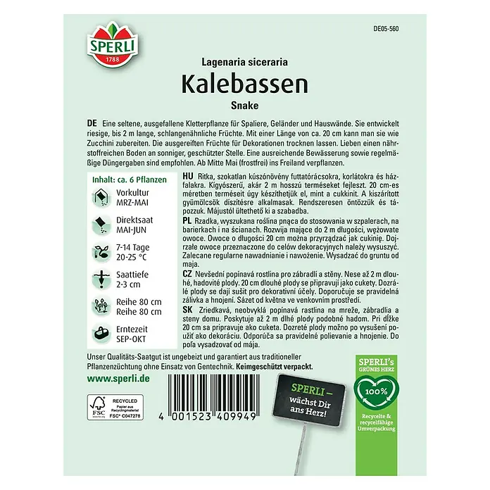 Sperli Gemüsesamen Kalebassen - Lagenaria siceraria, Saatzeit: März, Erntezeit: September - Samenpackung für Kalebassen (Lagenaria siceraria) der Marke Sperli. Ideal für den Anbau von dekorativen Schlangenkürbissen im eigenen Garten.