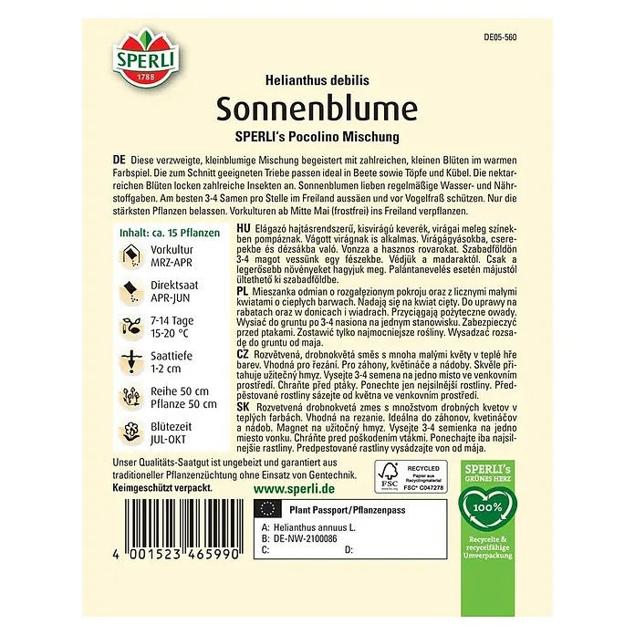 Sperli Blumensamen Sonnenblumen Pocolino - Helianthus annuus, Gelb, Saatzeit: März, Blütezeit: Juli - Bild einer SPERLI's Pocolino Mischung Sonnenblume Helianthus debilis-Samenpackung.