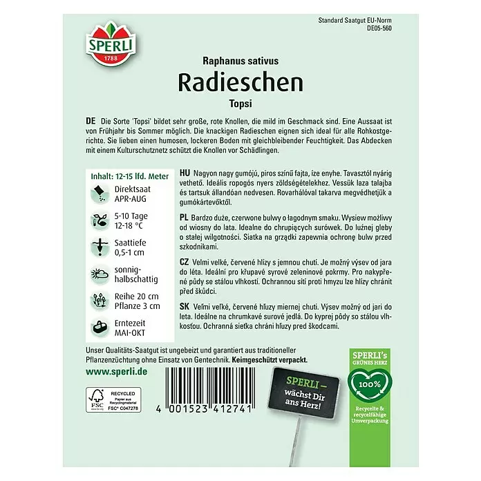 Sperli Radieschen Topsi - Raphanus sativus, Erntezeit: Mai - Sperli Samenpackung für Radieschen 'Topsi' mit botanischem Namen, Pflanzinfos und mehrsprachiger Beschreibung.