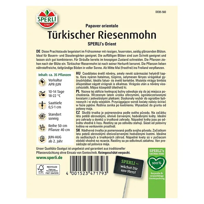 Sperli Blumensamen Türkischer Riesenmohn - Papaver orientale, Rot, Saatzeit: April, Blütezeit: Juni - SPERLI Türkischer Riesenmohn-Samenpackung: Orientalischer Mohn für den Garten, mit feuerroten Blüten.