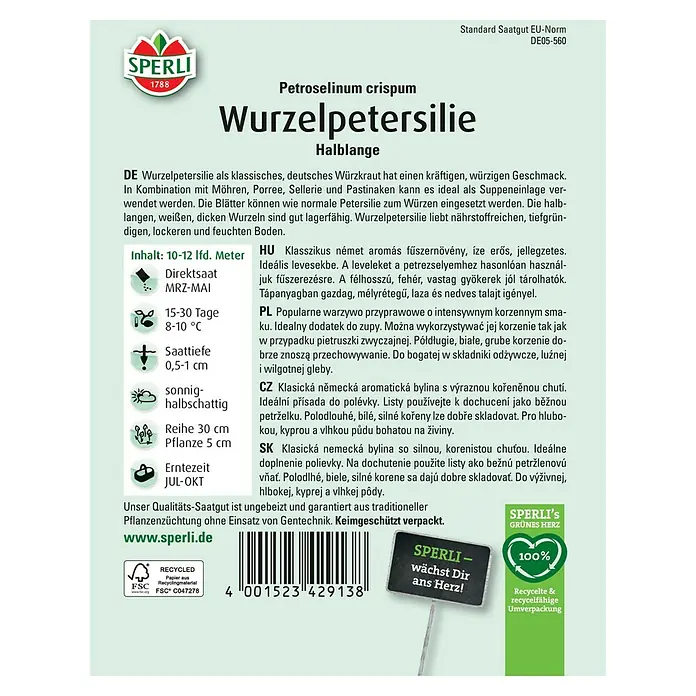 Sperli Gemüsesamen Wurzelpetersilien - Petroselinum crispum, Saatzeit: März, Erntezeit: Juli - SPERLI Wurzelpetersilie 'Halblange' Saatgutpackung. Für den Anbau von aromatischer Wurzelpetersilie im eigenen Garten.