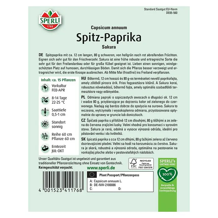 Sperli Gemüsesamen Spitzpaprika - Capsicum annuum, Saatzeit: Februar, Erntezeit: Juli - Packung Spitz-Paprika Sakura Samen. Die Sorte Sakura ist ideal für den Anbau im Freien oder in großen Kübeln.