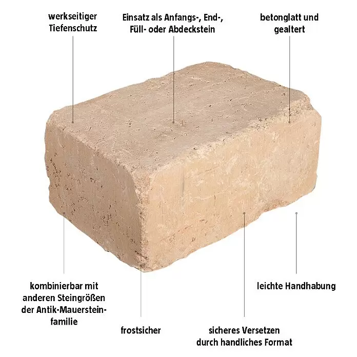 EHL Mauerstein Times Antik XL - 30 x 20 x 14 cm, Sandstein, Beton - Hellbrauner, gealterter Betonstein für Mauerwerk, mit rauer Textur.