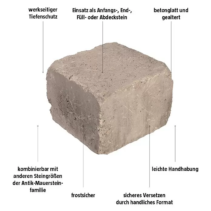EHL Mauerstein Times Antik L - 20 x 20 x 14 cm, Grau/Anthrazit, Beton - Grauer, gealterter Betonstein für vielseitigen Einsatz als Mauer-, Anfangs-, End- oder Abdeckstein.