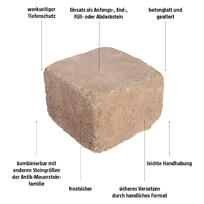 EHL Mauerstein Times Antik L - 20 x 20 x 14 cm, Muschelkalk, Beton - Ein gealterter, hellbrauner Betonstein mit rauer Textur, geeignet für Mauern oder Pflaster im Landschaftsbau.