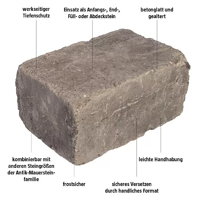 Mauerstein Times Light - 24 x 14 x 12 cm, Grau-Anthrazit, Beton - Grauer, gealterter Betonstein für Mauern, vielseitig einsetzbar und frostsicher.