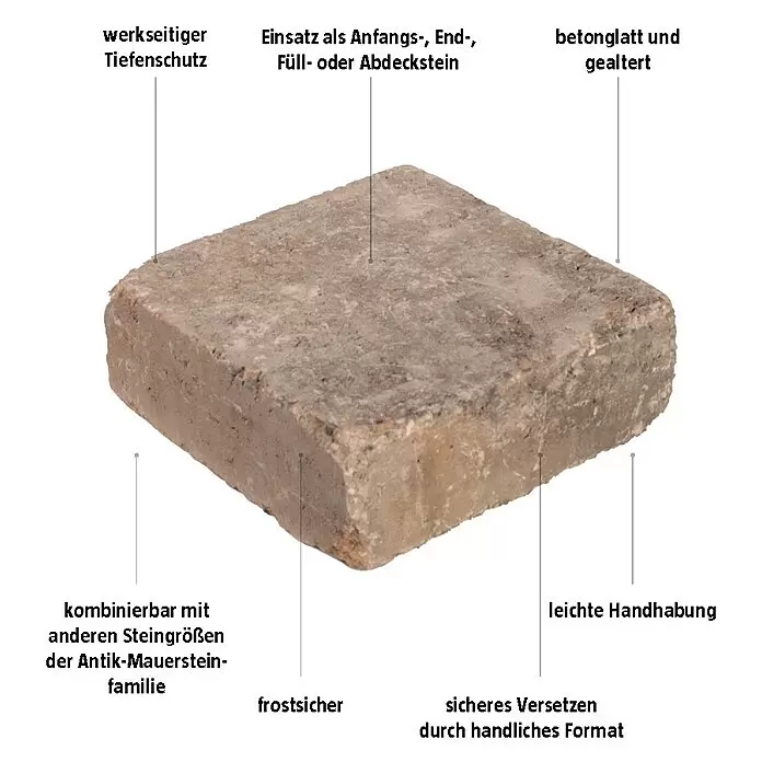 EHL Mauerstein Times Antik S - 20 x 20 x 7 cm, Muschelkalk, Beton - Ein rechteckiger, gealterter Beton-Antik-Mauerstein in Erdfarbe.