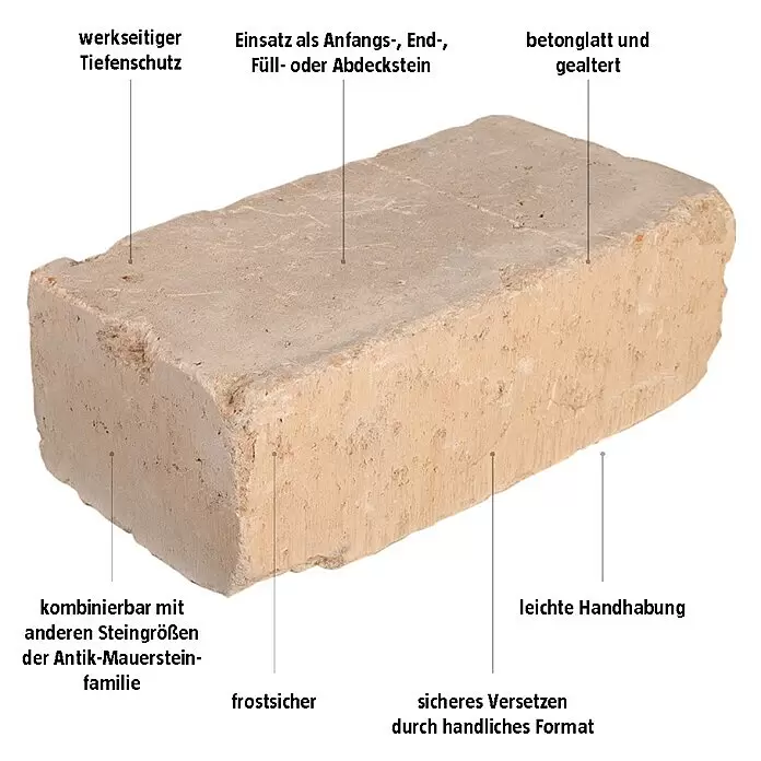 EHL Mauerstein Times Antik XXL - 40 x 20 x 14 cm, Sandstein, Beton - Hellbeiger, rechteckiger Antik-Mauerstein mit glatter, gealterter Betonoberfläche, vielseitig einsetzbar für Mauerwerk.