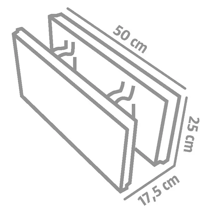 EHL Schalungsstein - 50 x 17,5 x 25 cm - Abbildung eines Heizkörpers mit den Maßen 50 cm x 25 cm x 17,5 cm.