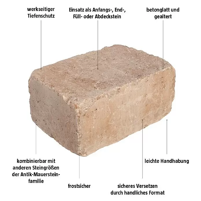 EHL Mauerstein Times Antik XL - 30 x 20 x 14 cm, Muschelkalk, Beton - Hellbrauner, gealterter Beton-Mauerstein mit Tiefenschutz, vielseitig und leicht handhabbar.