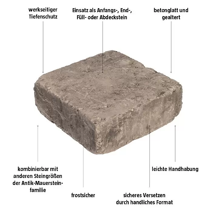 EHL Mauerstein Times Antik S - 20 x 20 x 7 cm, Grau/Anthrazit, Beton - Gealterter grauer Betonstein für vielseitigen Garten- und Mauerbau, leicht handhabbar.