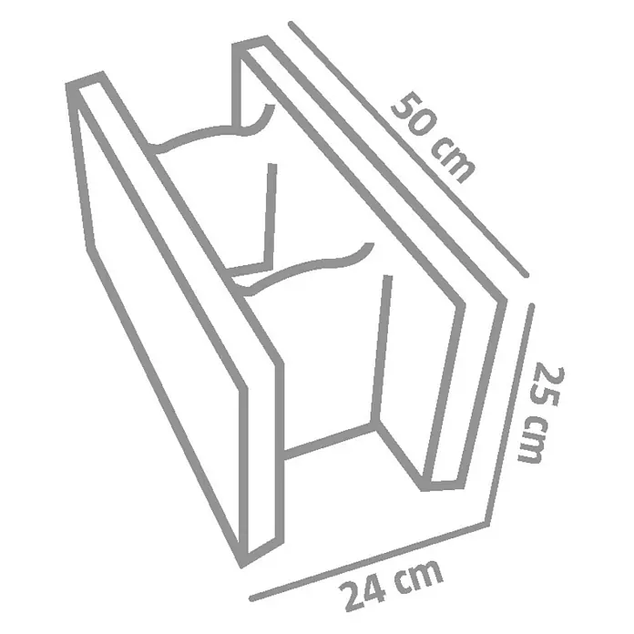 EHL Schalungsstein - 50 x 24 x 25 cm - Produktdiagramm eines rechteckigen Pflanzgefäßes mit den Maßen 50 cm Länge, 24 cm Breite und 25 cm Höhe.