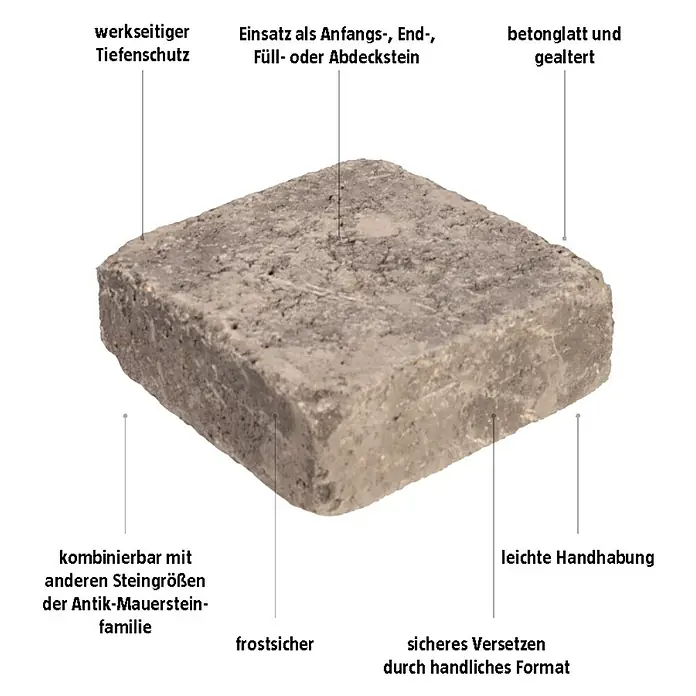 EHL Mauerstein Times Antik S - 20 x 20 x 7 cm, Anthrazit, Beton - Das Bild zeigt einen betonrauen Pflasterstein in grau mit werkseitigem Tiefenschutz und leichter Handhabung. Der Stein ist frostsicher und vielseitig einsetzbar.