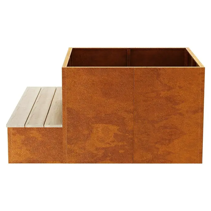 Palatino Hochbeet Schatzinsel mit Sitzbank - 120 x 120 x 75 cm, Cortenstahl, Rostbraun - Nahaufnahme eines modernen Pflanzgefäßes mit integrierter Sitzbank, ideal für stilvolle Gartengestaltung und Entspannung im Freien.
