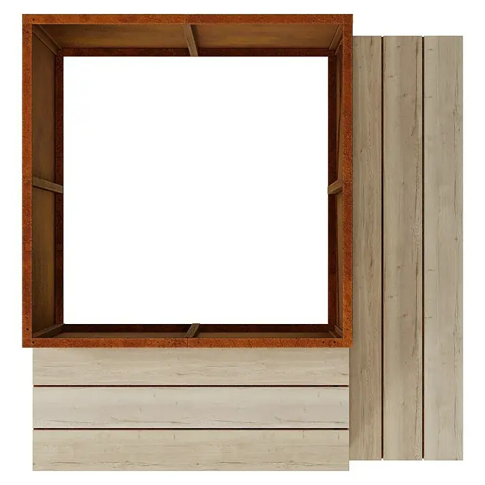 Palatino Hochbeet Schatzinsel mit Sitzbank - 120 x 120 x 75 cm, Cortenstahl, Rostbraun - Einblick in die Konstruktion eines modernen Pflanzgefäßes mit rustikalem Rahmen und hellem Holz, ideal für den Außenbereich.