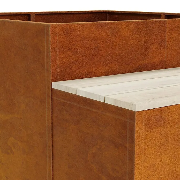 Palatino Hochbeet Schatzinsel mit Sitzbank - 120 x 120 x 75 cm, Cortenstahl, Rostbraun - Nahaufnahme eines Pflanzgefäßes mit integrierter Holzbank. Das Pflanzgefäß hat eine rostige Oberfläche und die Bank ist aus hellem Holz.