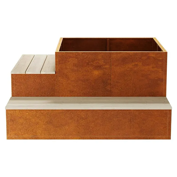 Palatino Hochbeet Schatzinsel mit Sitzbank - 120 x 120 x 75 cm, Cortenstahl, Rostbraun - Das Bild zeigt eine Pflanzkiste mit Cortenstahl-Finish und hellen Holzdetails. Die rustikale Optik wird durch moderne Akzente ergänzt.