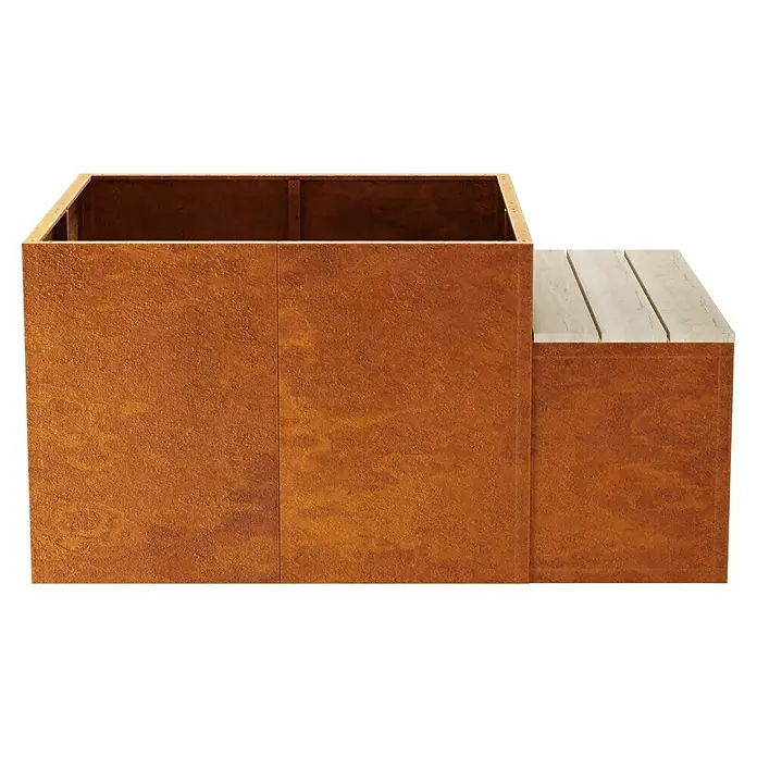 Palatino Hochbeet Schatzinsel mit Sitzbank - 120 x 120 x 75 cm, Cortenstahl, Rostbraun - Bild eines Cortenstahl-Pflanzgefäßes mit integriertem Sitzbereich, ideal für Außenbereiche.